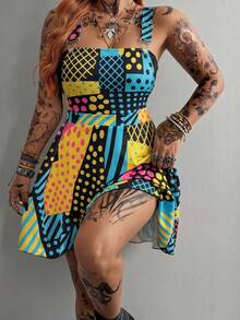 Whyspr Plus Size Women's Multi-Color Patterned Strappy Backless Fashion Dress - Multicolor - View 4