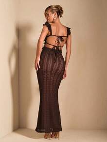 SHEIN BAE Váy đuôi cá thanh lịch hở lưng, tay bồng xòe nhún bèo màu trắng gợi cảm, thắt eo - Cà phê nâu - View 2