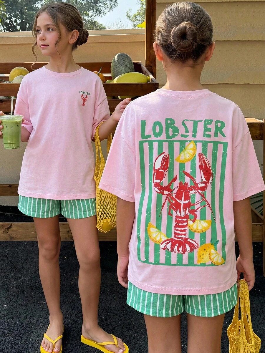 SHEIN Tween Girl Crew Neck Letter Lobster Print Short Sleeve T-Shirt And Shorts Casual Daily Set - Multicolor - View 1