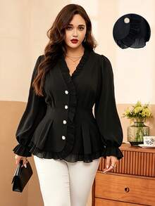 Auvina Blusa con abotonadura, manga larga, ajustada, cuello en V, con parches de encaje y volantes en bajo para mujer de talla grande - Negro - Ver 5