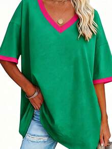 EMERY ROSE Plus Size Solid Half Sleeve T-Shirt, Casual V Neck T-Shirt For Summer, Women's Clothing Grraphic Tee - Multicolor - View 3