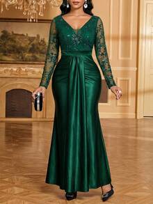 Fleurora Women's V-Neck Lace Patchwork Pleated Elegant Waist Cinched Long Party Dress - Dark Green - View 8