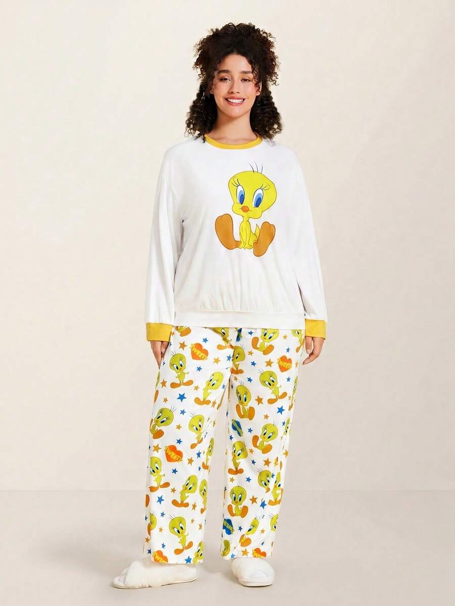LOONEY TUNES X SHEIN 加大码宽松拼色黄色和白色 Tweety 印花长袖上衣和裤子睡衣套装，适合秋冬季穿着， - 白色 - 查看 1