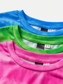 THE POWERPUFF GIRLS X SHEIN Tween Girl 3-Tone Heart & Spiral Tie-Dye Cartoon Character Graphic Knit Crew Neck T-Shirt Set - Multicolor - View 3