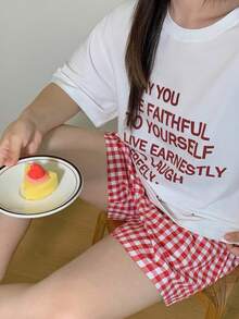 Dazy Plus 大码女式字母印花宽松短袖上衣和格子短裤休闲睡衣套装，春夏款 - 白色 - 查看 8