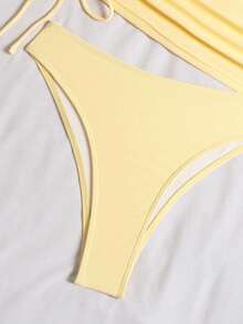 Swim SXY 女款 2 件組多色豹紋深 V 領雙肩帶抓皺休閒海灘比基尼泳衣套裝 - 淡黃色 - 查看 6