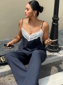 Dazy Plus 撞色蕾丝拼接吊带背心和休闲裤套装，度假风，大码女式春夏睡衣 - 藏蓝色 - 查看 4