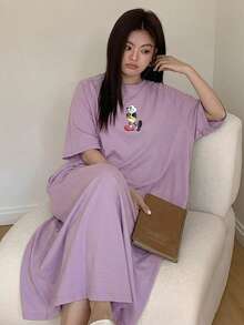 Dazy Plus Cartoon Pattern Loose Long T-Shirt Style Nightgown, Suitable For All Seasons - Purple - View 6