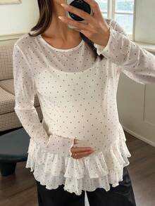 DAZY Small Round Neck Fashion Polka Dot Patchwork Frill Trim Long Sleeve Base Layer Maternity T-Shirt For Spring And Summer - White - View 1