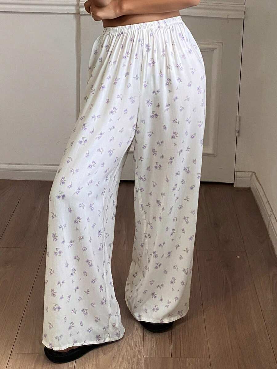 DAZY 女款碎花彈性腰長版睡褲 - 白色 - 查看 1