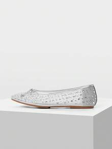 MOTF PREMIUM NEW SPRING AND SUMMER BALLET RHINESTONE MESH BOW ROUND TOE FLAT BOTTOM WOMEN'S SHOES APRICOT FAIRY VERSATILE TEMPERAMENT SWEET AND ELEGANT LOW VAMP SHOES COMFORTABLE HIGH-END CLASSIC SHOES SPRING SHOES - Silver - View 3