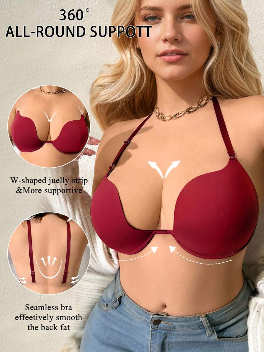 DesireSculpt Plus Size Solid Color Halter Backless Sexy Bra, Suitable For Daily Wear - Burgundy - View 1