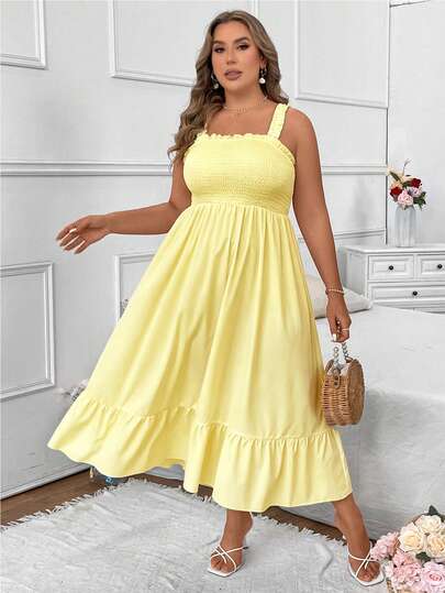 Vionelle Plus Size Summer Casual Solid Color Cami Dress Maxi Women Outfit