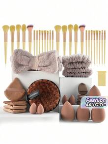 46 piezas Herramientas de maquillaje profesional, Herramientas de maquillaje para principiantes, Herramientas de belleza, Limpieza facial y esponja de polvo de maquillaje - Marrón - Ver 1