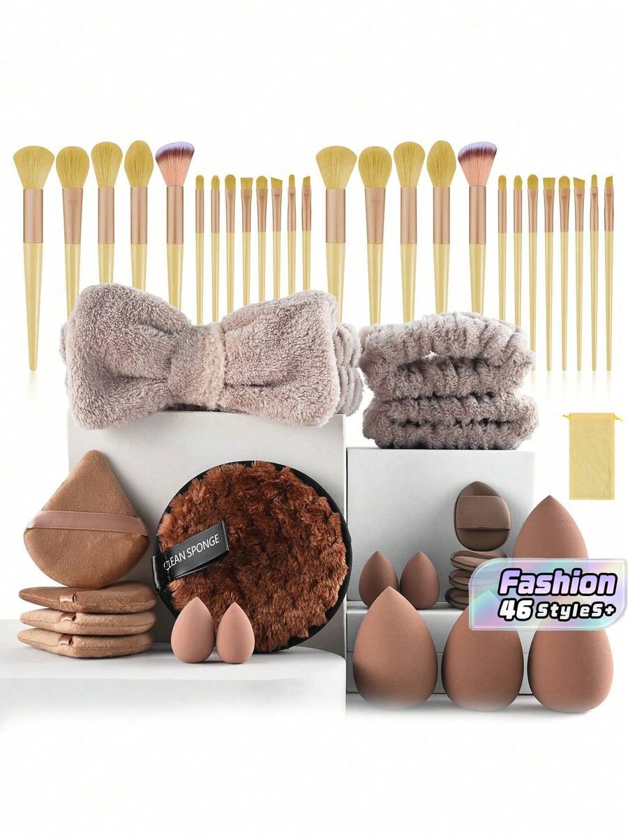 46 piezas Herramientas de maquillaje profesional, Herramientas de maquillaje para principiantes, Herramientas de belleza, Limpieza facial y esponja de polvo de maquillaje - Marrón - Ver 1