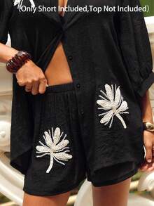 Swim Vcay Pantalones cortos sueltos negros para mujer con diseños florales bordados, ropa casual de vacaciones, primavera/verano - Negro - Ver 4