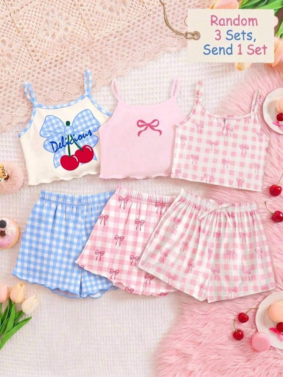 SHEIN Tween Girl 粉色格紋蝴蝶結印花裝飾白色鈕扣休閒時尚修身睡衣套裝 - 粉色 - 查看 1