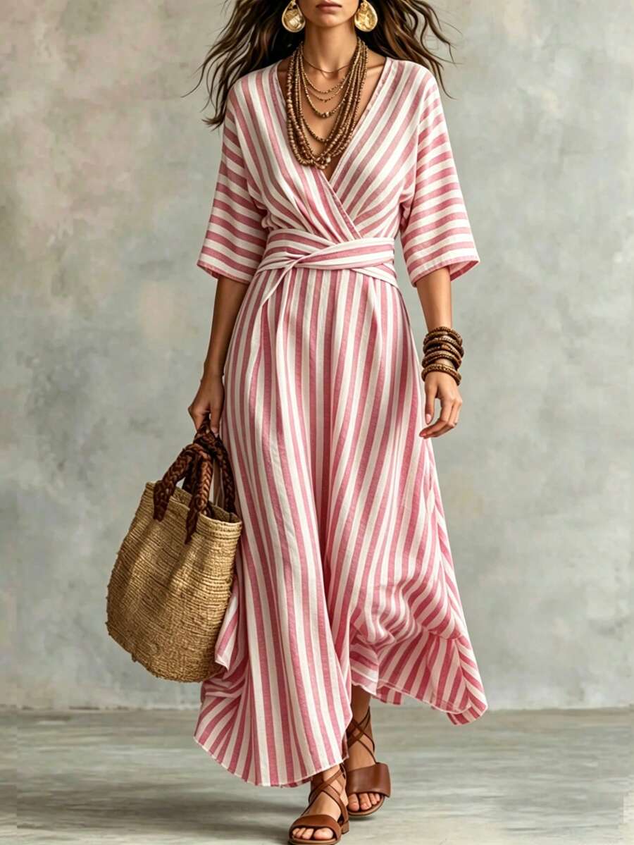 Breezaya Zanzea Plus Size Women's Vertical Striped Dress,Cotton Linen Holiday Beach Vacation Outfits,Summer Tropical Tea Party Casual Pastel Pink Spring Dress - Pink - View 1
