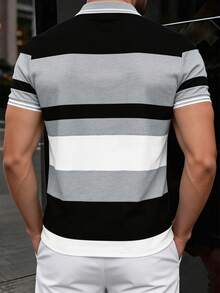 Manfinity Dauomo 男士標準尺寸 Polo 衫，適合夏季出遊，經典多色條紋印花圖案，圖形設計，休閒商務上衣，適合日常穿著 - 彩色 - 查看 2
