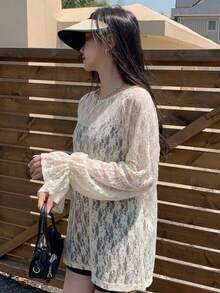 FRIFUL Women's Apricot Loose Sheer Cover Up, Lace Camisole With Bell Sleeve, Spring/Summer,Ruffle Long Sleeve Women Tops - Apricot - View 1
