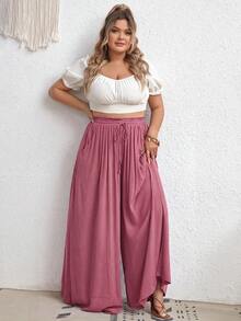 SHEIN CURVE+ 大尺碼高腰寬腿褲，附腰帶、側口袋、羅紋面料、黑色，適合度假、優雅休閒場合、基本搭配、夏季、海灘假期、波西米亞節慶、波西米亞度假 - 藕粉色 - 查看 6