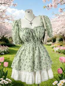 Flirla Plus Size Women Ruffle Trim Front Tie Ditsy Floral Vacation Shirt, Spring/Summer Gym Brown - Mint Green - View 1