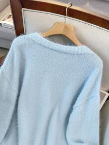 GlowEve CURVE Plus Size Casual V-Neck Long Sleeve Cardigan - Blue - View 9