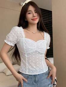Joudiya 夏季波點提花抹胸白色花卉上衣 婚禮約會休閒浪漫度假雪紡襯衫 優雅女款襯衫 適合婚禮宴會 可愛 - 白色 - 查看 3