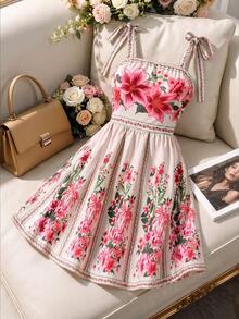 GlowEve CURVE Plus Size Women's Popular Floral Print Pattern Spring/Summer Bow Shoulder Strap Dress - Multicolor - View 1