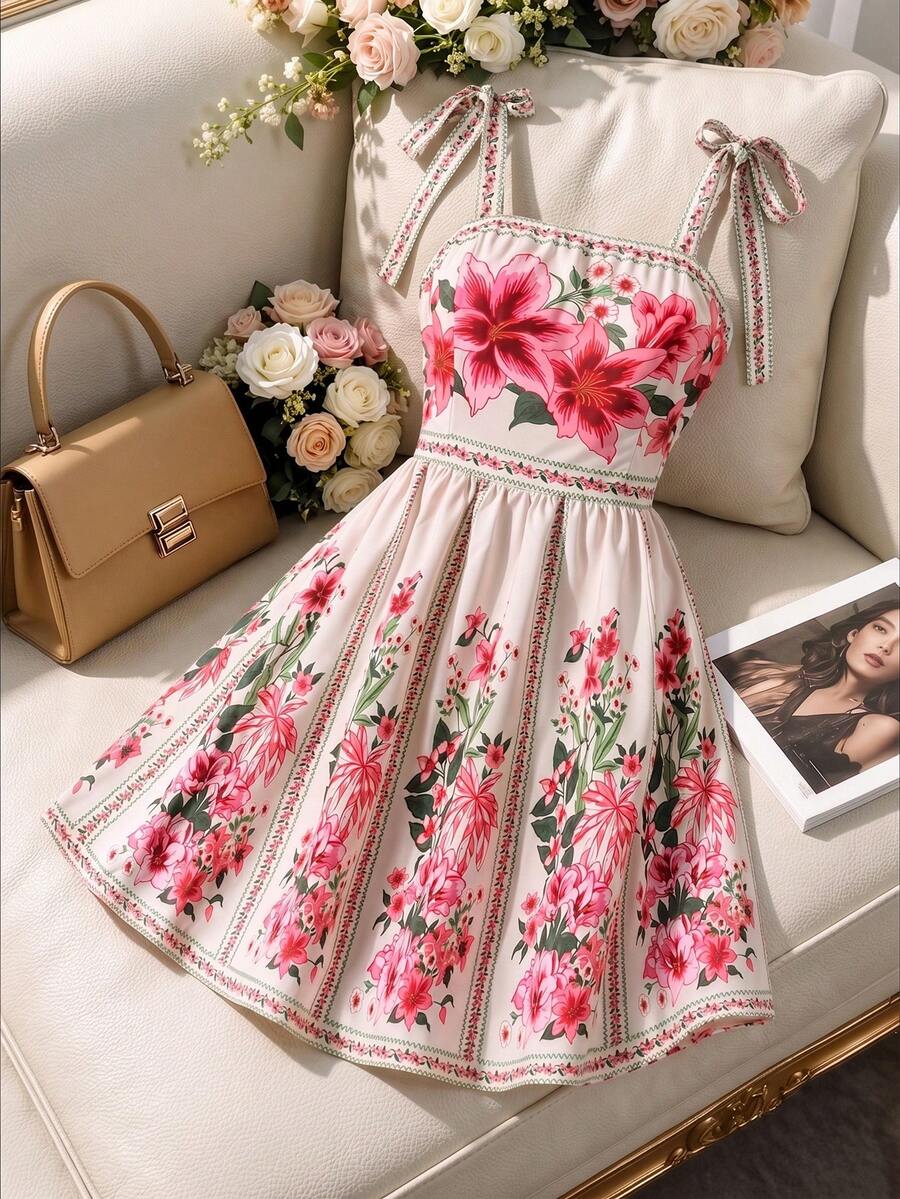 GlowEve CURVE Plus Size Women's Popular Floral Print Pattern Spring/Summer Bow Shoulder Strap Dress - Multicolor - View 1