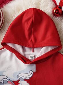 LOONEY TUNES X SHEIN Young Boy Christmas Cartoon Pattern Hooded Long Sleeve Sweatshirt Fall Winter - Red - View 4