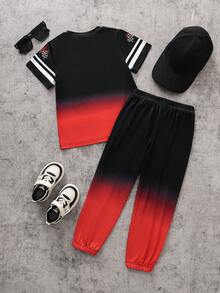 2pcs/Set Kaos Rajut Lengan Pendek Leher Bulat Motif Balap Jalanan Modis untuk Anak Laki-Laki & Celana Panjang Olahraga, Kain Nyaman, Pas, Gaya Baru Musim Semi/Panas, Cocok untuk Berbagai Musim dan Acara - Merah - View 2
