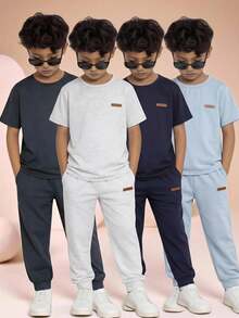 SHEIN 6件組 買3送3 童裝青少年男童休閒百搭字母壓紋圓領短袖T恤與長褲兩件套，多色上衣，適合通勤、上學、日常休閒、外出、運動，春夏季適用 - 彩色 - 查看 3