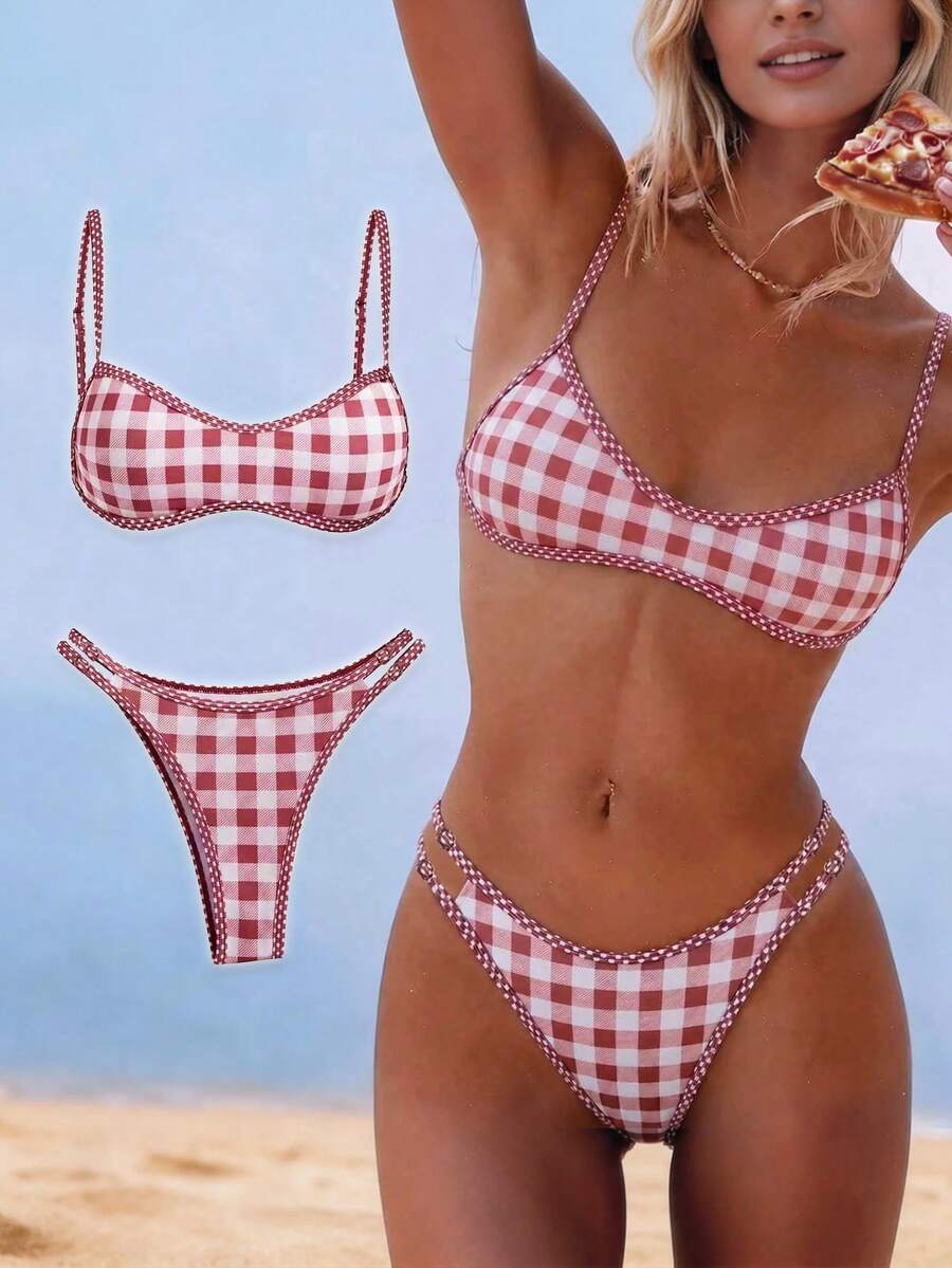 Swim Mod Plaid Sweetheart Neck Bikini, High Waist Bottom 2 Pieces Swimwear - Multicolor - View 1