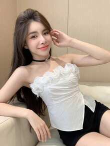 DAZY 女款全花卉植物印花休閒度假夏季抹胸上衣 - 白色 - 查看 3