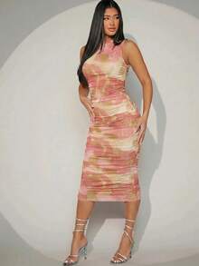 L'Amorae Women's Floral Print Pleated Fitted Mermaid Hem Round Neck Dress - Pink - View 6
