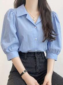 DAZY 女款領條紋短袖燈籠袖寬鬆襯衫 春夏秋季 - 藍色 - 查看 2