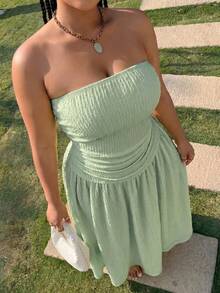 Muchica Vestido de Talla Grande sin Tirantes sin Mangas con Pliegues en Línea A - verde menta - Ver 3