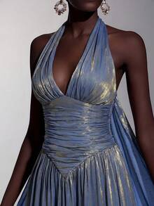 Elitara Elegant Romantic Fashion Shiny Organza Fabric Ruched Decor Halter Neck Large A-Line Elegant Party Dress Wedding Guest Dress Pink Dress Fashion Elegant Wedding Evening Gown Formal Dinner Dress - Dusty Blue - View 3