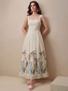 Anewsta Summer New Arrival Vacation Style Tropical Floral Print Camisole Waist Flared Dress, Versatile - Apricot - View 9