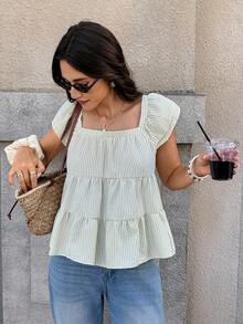 Serisse Blusa de mujer a rayas con cuello cuadrado, manga corta tipo campana y bajo con volantes - Albaricoque - Ver 8