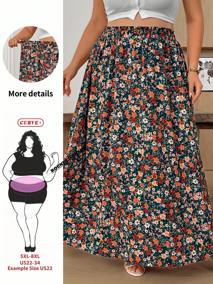 SHEIN CURVE+ Summer Pink Dense Print Full Skirt Cool Comfortable Plus Size Skirt - Multicolor - View 1