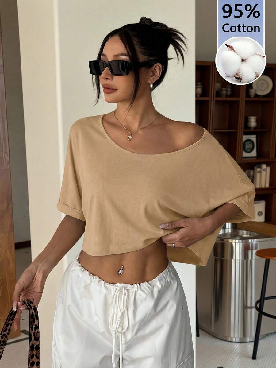 SHEIN EZwear 純棉舒適性感露肩休閒卡其色針織女款寬鬆單肩大領口T恤,時尚 - 卡其色 - 查看 1