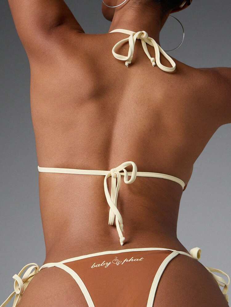 BABYPHAT ロゴプリントのハルターネックトップとストリングボトムのコントラストタイ付きトライアングルビキニセット