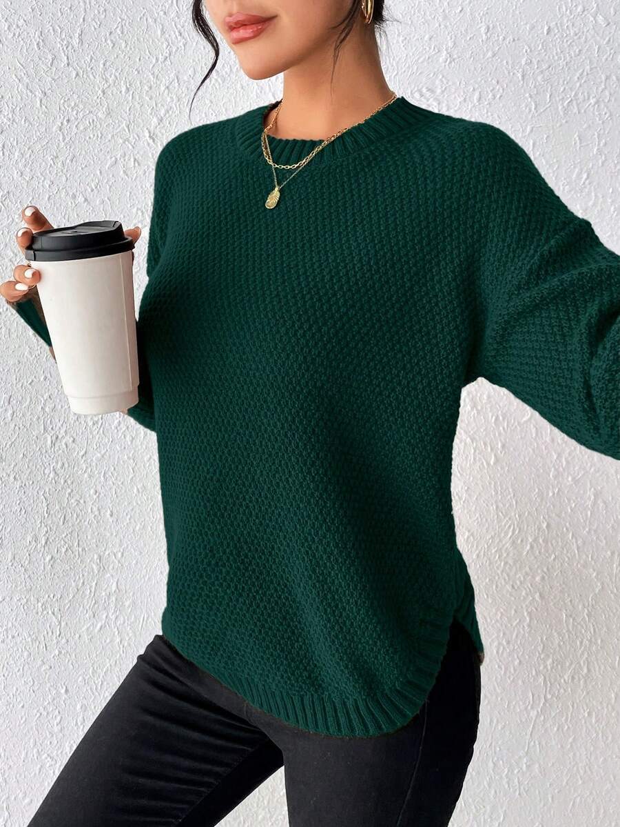 EMERY ROSE Suéter casual de manga larga con cuello redondo y hombros caídos de unicolor para mujer - Verde Oscuro - Ver 1