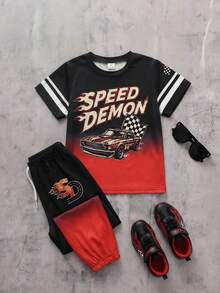 2pcs/Set Kaos Rajut Lengan Pendek Leher Bulat Motif Balap Jalanan Modis untuk Anak Laki-Laki & Celana Panjang Olahraga, Kain Nyaman, Pas, Gaya Baru Musim Semi/Panas, Cocok untuk Berbagai Musim dan Acara - Merah - View 3
