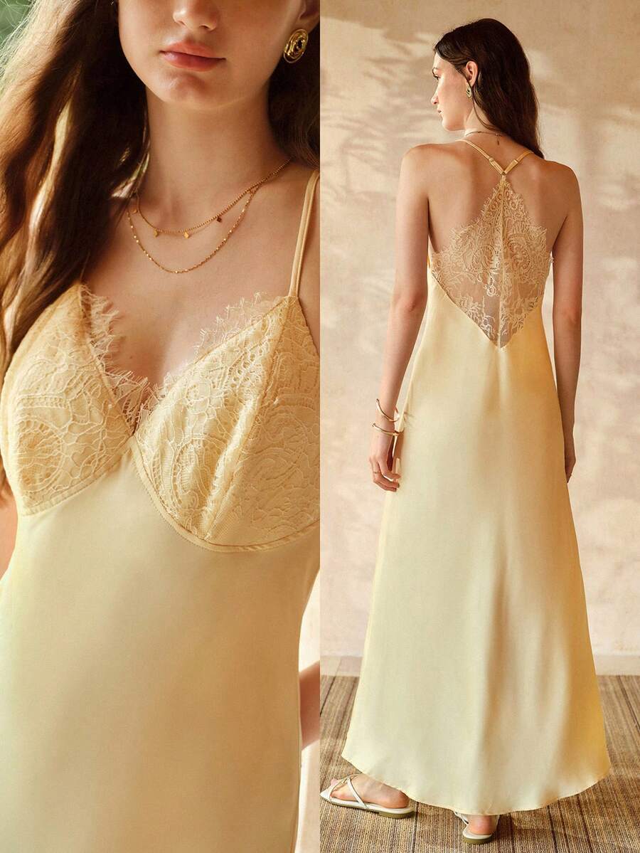 MOTF PREMIUM WOMEN'S LACE PATCHWORK NIGHTGOWN, SPRING/SUMMER - Yellow - View 1