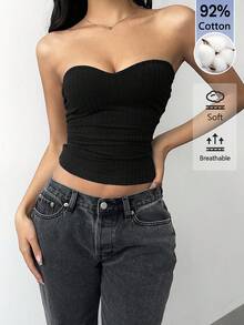 SHEIN BASICS 女款素色百褶貼身性感抹胸上衣 - 黑色 - 查看 3