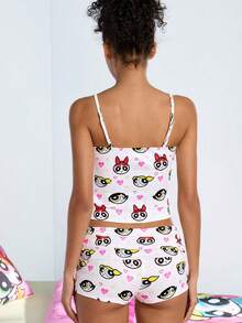 THE POWERPUFF GIRLS X SHEIN 女士服装、吊带背心和短裤睡衣套装、白色、毛茛、泡泡、花朵、PPG、卡通图案、全印花图案、心形图案、Y2K、音乐会服装、狂欢节服装、乡村音乐会服装、可爱、性感、休闲、2025 年春/夏 - 白色 - 查看 2