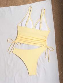 Swim SXY 女款 2 件組多色豹紋深 V 領雙肩帶抓皺休閒海灘比基尼泳衣套裝 - 淡黃色 - 查看 2
